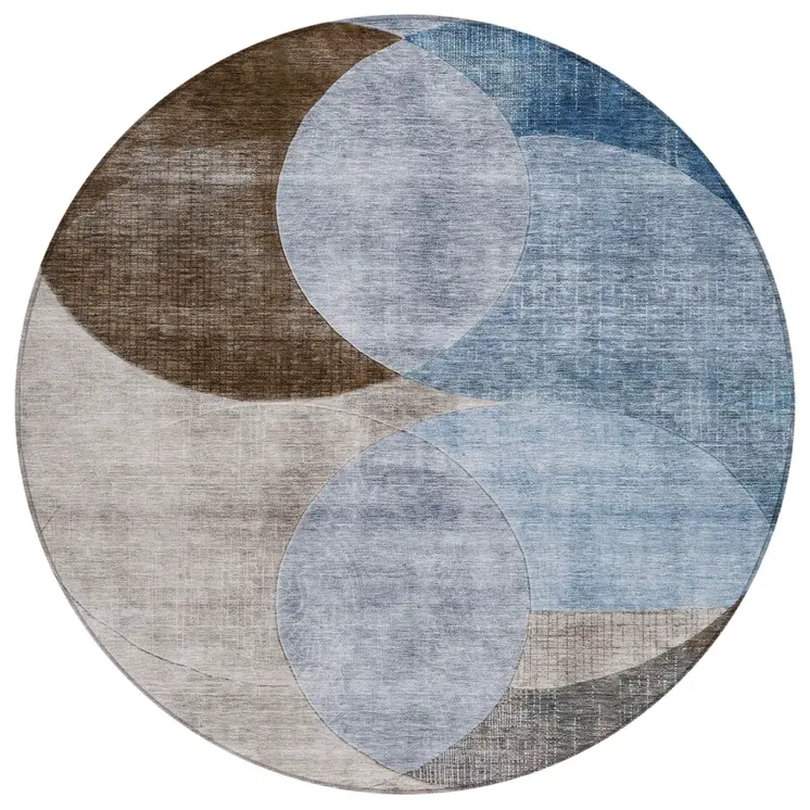 8' Denim Blue Brown And Beige Round Geometric Washable Indoor Outdoor Area Rug