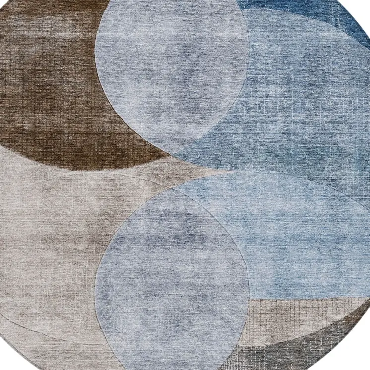 8' Denim Blue Brown And Beige Round Geometric Washable Indoor Outdoor Area Rug