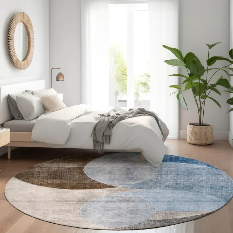 8' Denim Blue Brown And Beige Round Geometric Washable Indoor Outdoor Area Rug