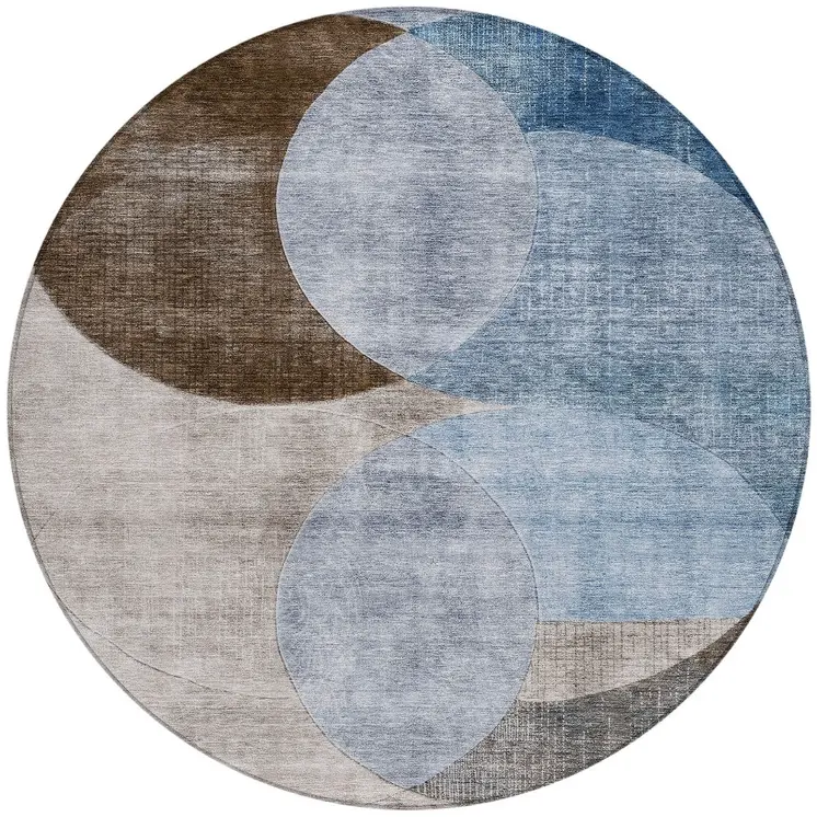 8' Denim Blue Brown And Beige Round Geometric Washable Indoor Outdoor Area Rug