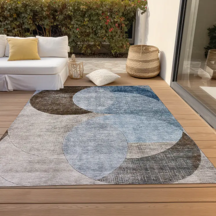 8' X 10' Denim Blue Brown And Beige Geometric Washable Indoor Outdoor Area Rug