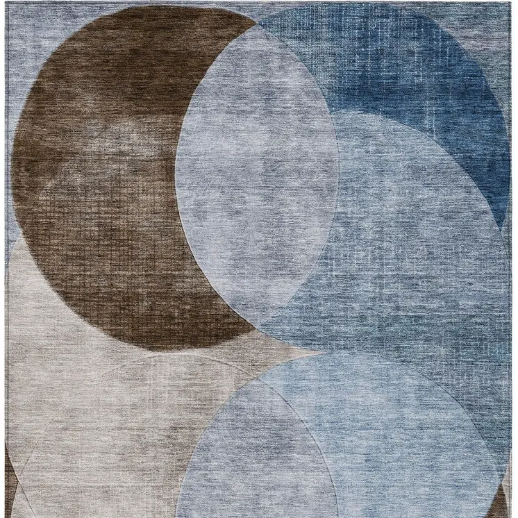 9' X 12' Denim Blue Brown And Beige Geometric Washable Indoor Outdoor Area Rug