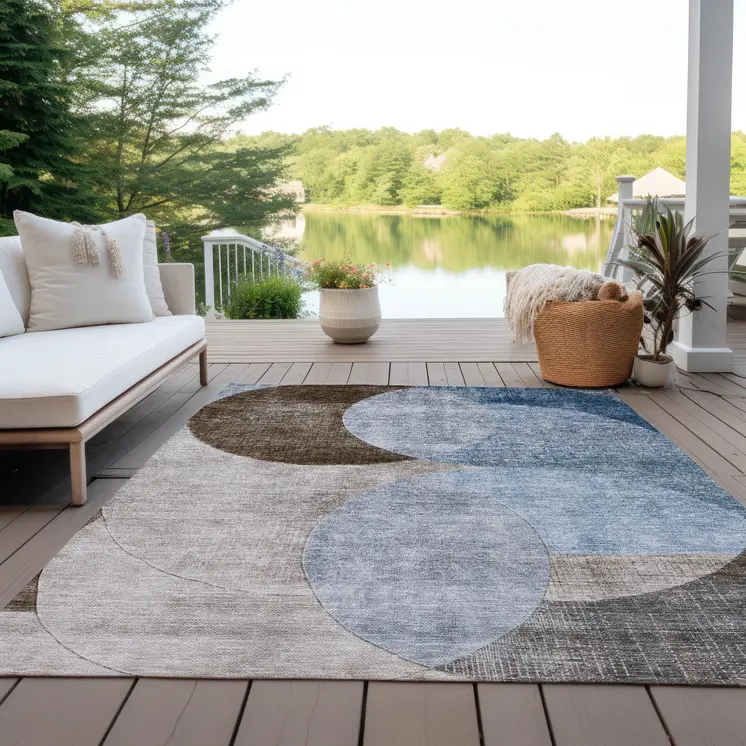 9' X 12' Denim Blue Brown And Beige Geometric Washable Indoor Outdoor Area Rug