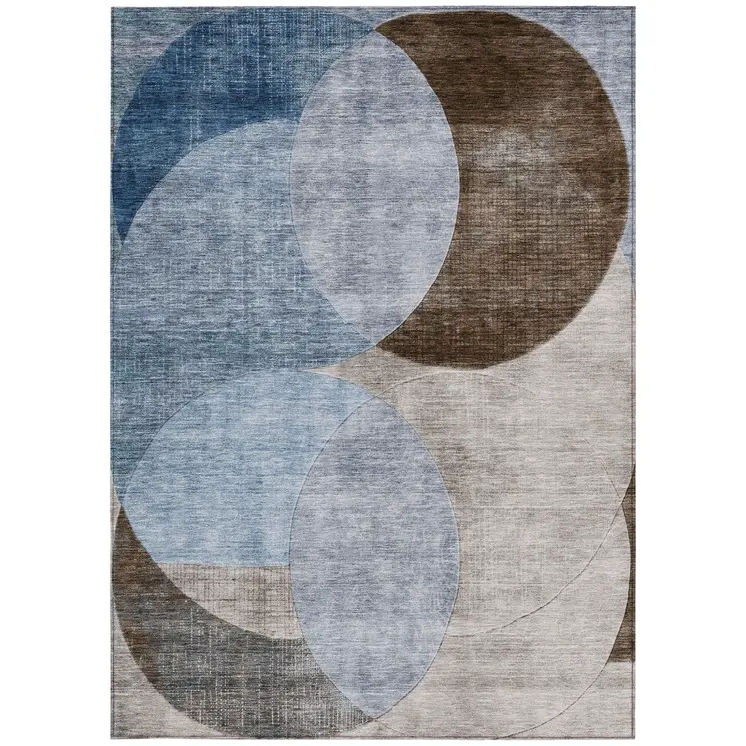 10' X 14' Denim Blue Brown And Beige Geometric Washable Indoor Outdoor Area Rug