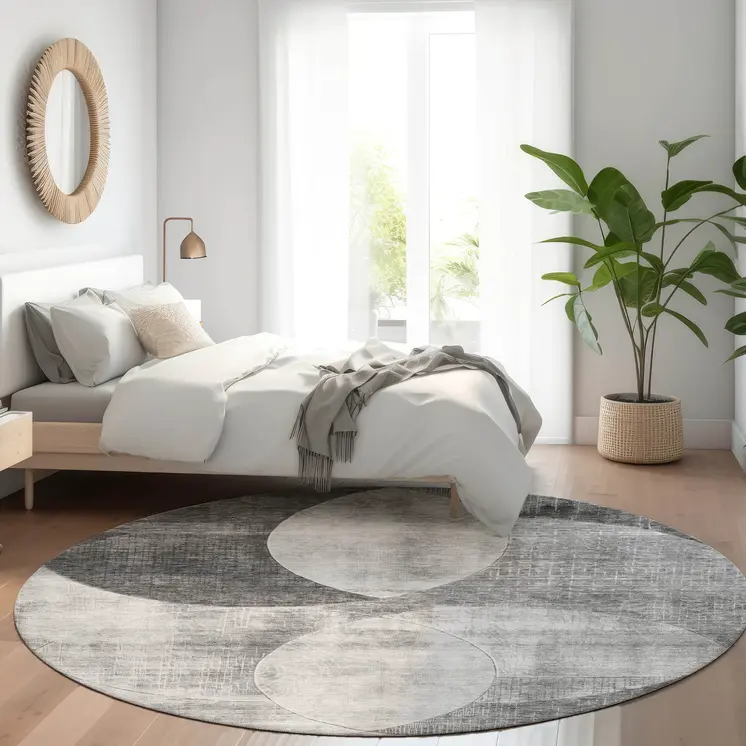 8' Gray And Charcoal Round Geometric Washable Indoor Outdoor Area Rug
