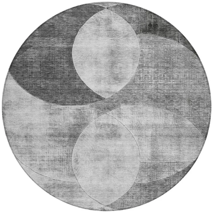8' Gray And Charcoal Round Geometric Washable Indoor Outdoor Area Rug