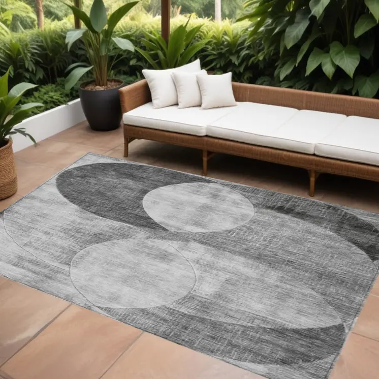 10' X 14' Gray And Charcoal Geometric Washable Indoor Outdoor Area Rug