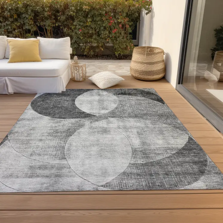 10' X 14' Gray And Charcoal Geometric Washable Indoor Outdoor Area Rug