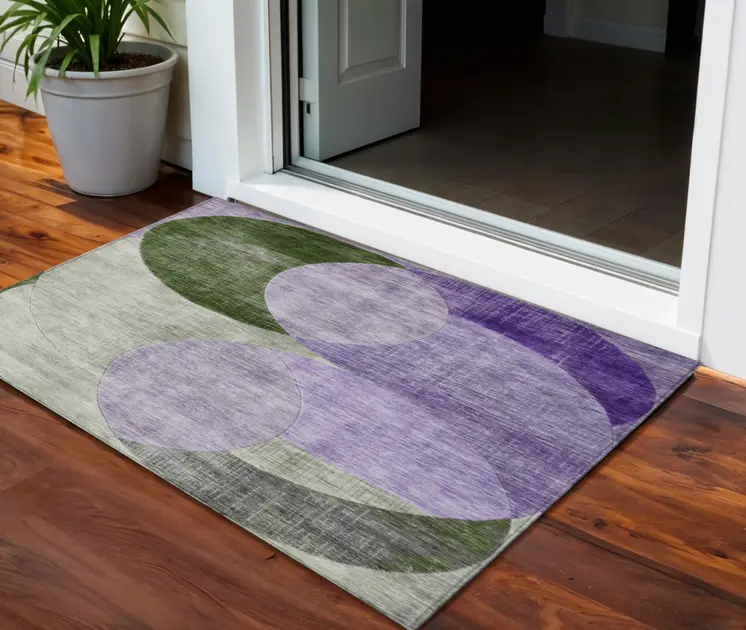 3' X 5' Lavender Purple And Green Geometric Washable Indoor Outdoor Area Rug