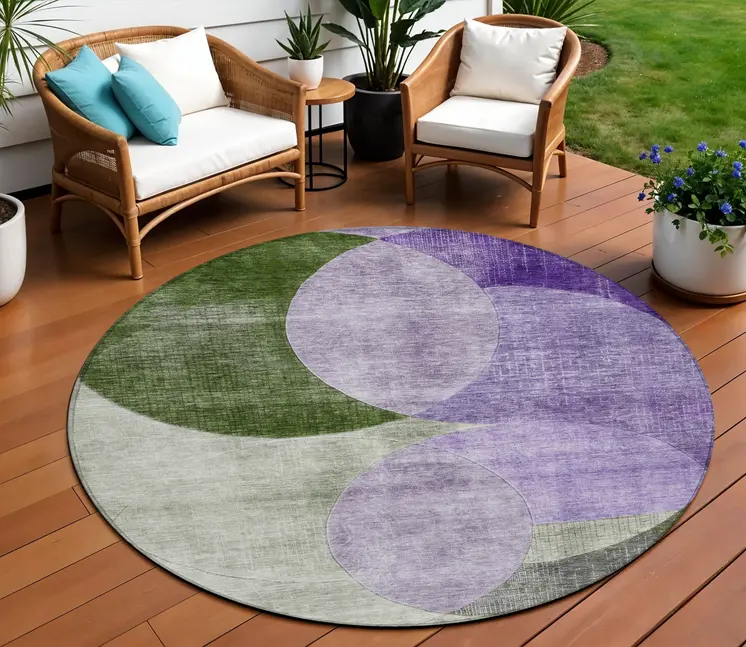 8' Lavender Purple And Green Round Geometric Washable Indoor Outdoor Area Rug
