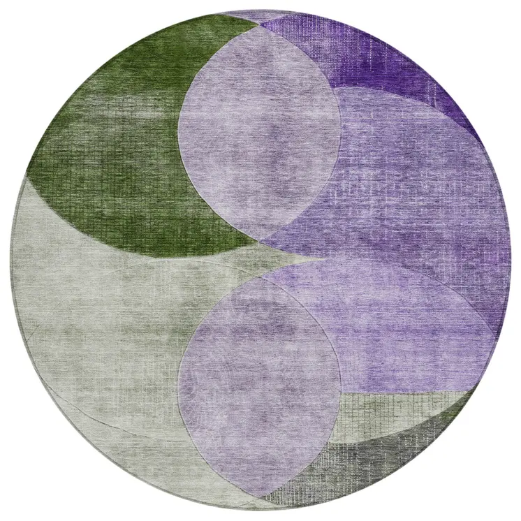 8' Lavender Purple And Green Round Geometric Washable Indoor Outdoor Area Rug