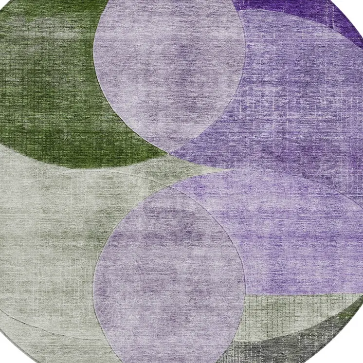8' Lavender Purple And Green Round Geometric Washable Indoor Outdoor Area Rug