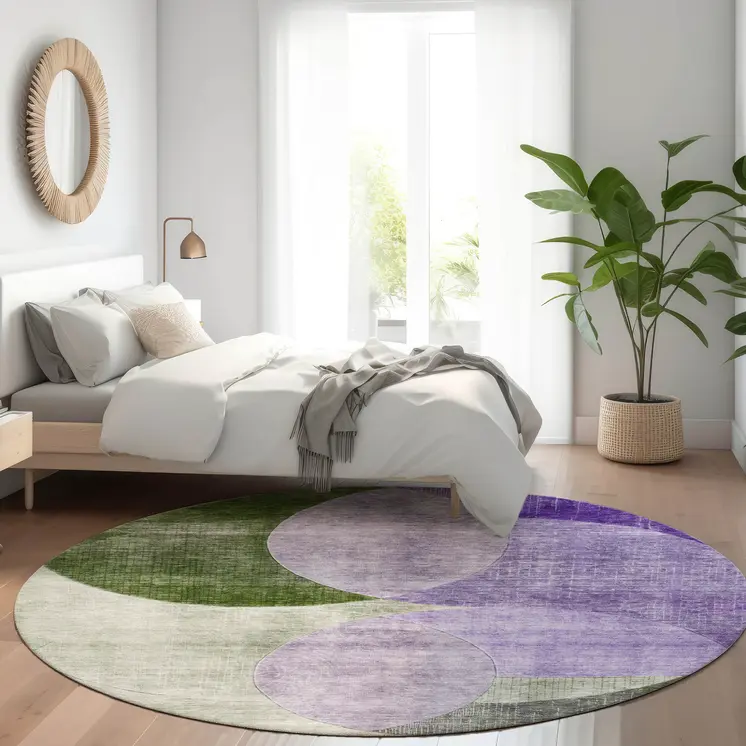 8' Lavender Purple And Green Round Geometric Washable Indoor Outdoor Area Rug