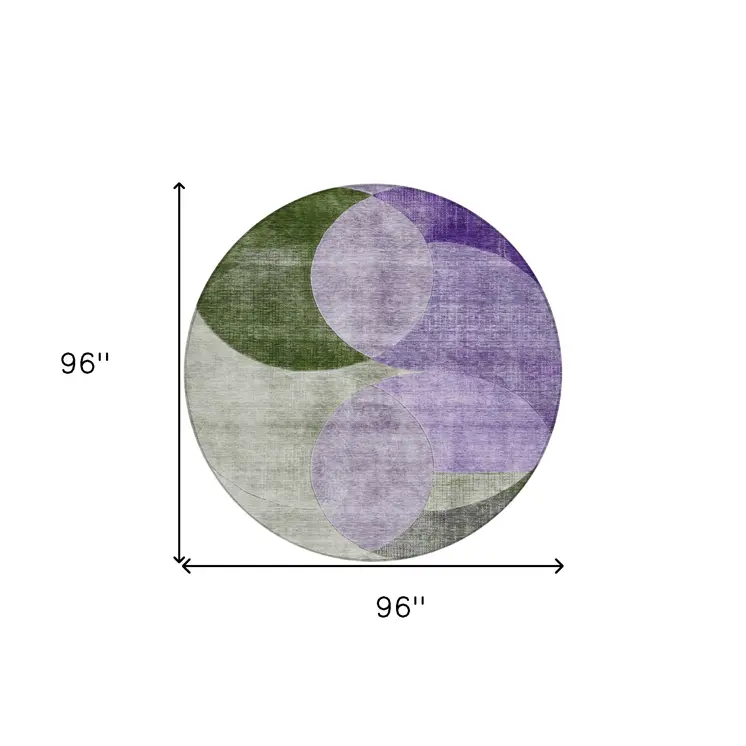 8' Lavender Purple And Green Round Geometric Washable Indoor Outdoor Area Rug