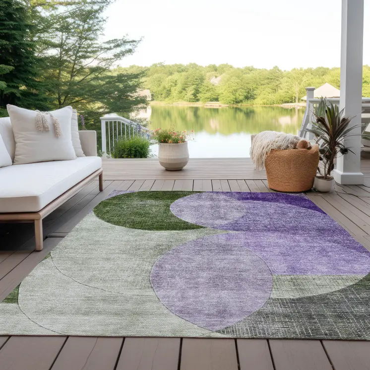 8' X 10' Lavender Purple And Green Geometric Washable Indoor Outdoor Area Rug