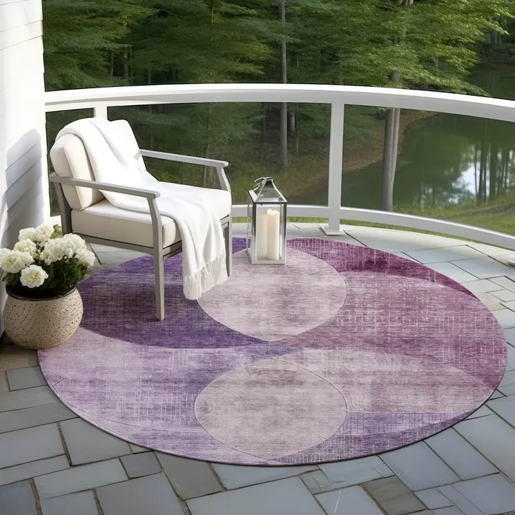 8' Purple And Lavender Round Geometric Washable Indoor Outdoor Area Rug