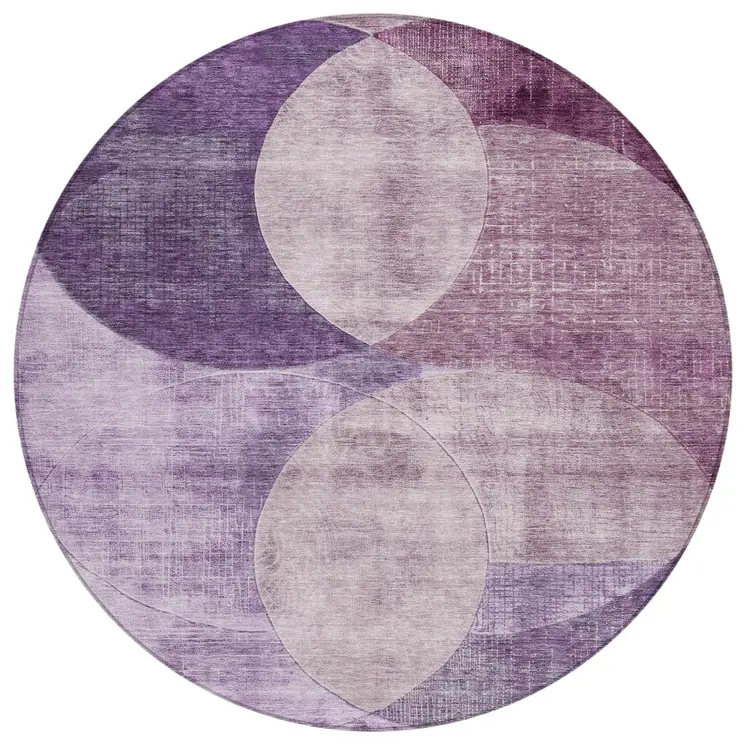 8' Purple And Lavender Round Geometric Washable Indoor Outdoor Area Rug