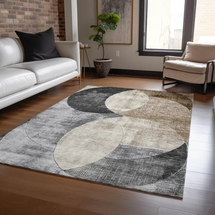 3' X 5' Pewter Brown And Charcoal Geometric Washable Indoor Outdoor Area Rug