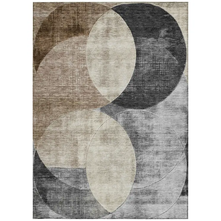 5' X 8' Pewter Brown And Charcoal Geometric Washable Indoor Outdoor Area Rug