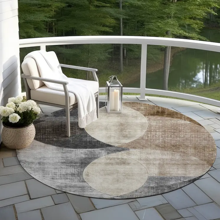 8' Pewter Brown And Charcoal Round Geometric Washable Indoor Outdoor Area Rug