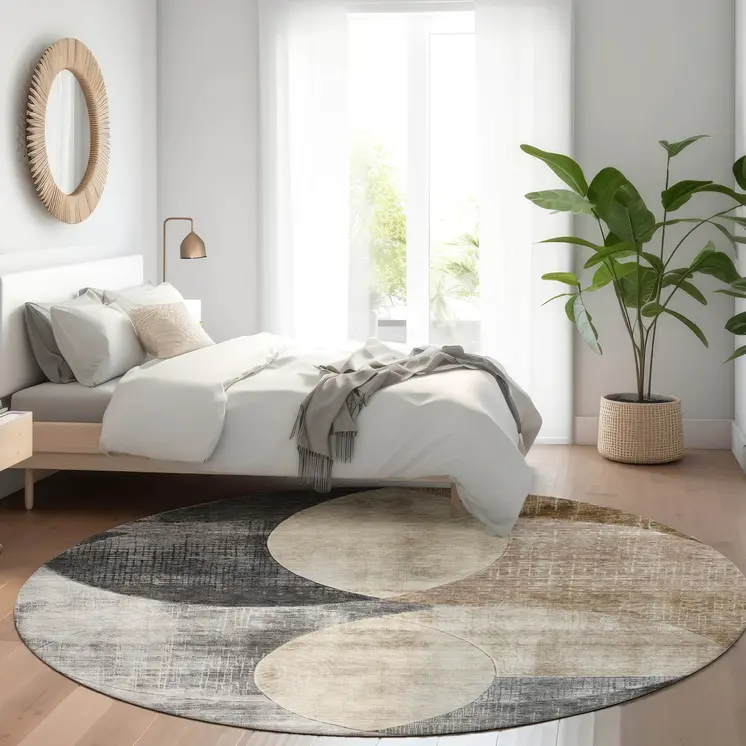 8' Pewter Brown And Charcoal Round Geometric Washable Indoor Outdoor Area Rug