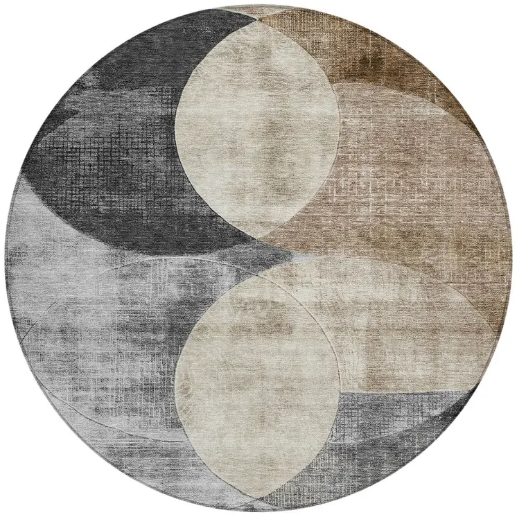 8' Pewter Brown And Charcoal Round Geometric Washable Indoor Outdoor Area Rug