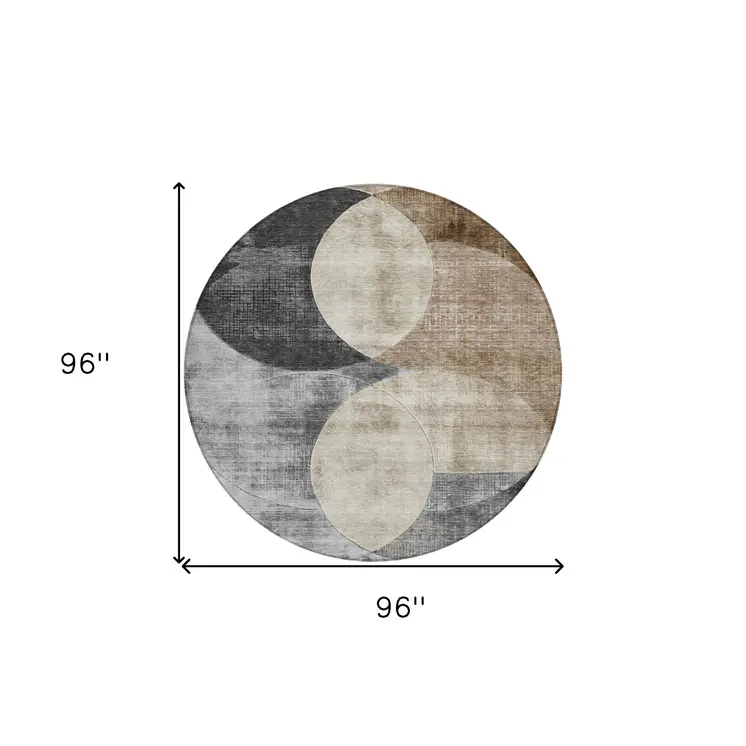 8' Pewter Brown And Charcoal Round Geometric Washable Indoor Outdoor Area Rug