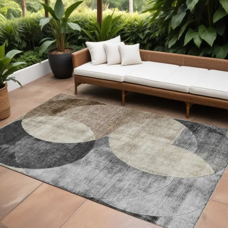 8' X 10' Pewter Brown And Charcoal Geometric Washable Indoor Outdoor Area Rug