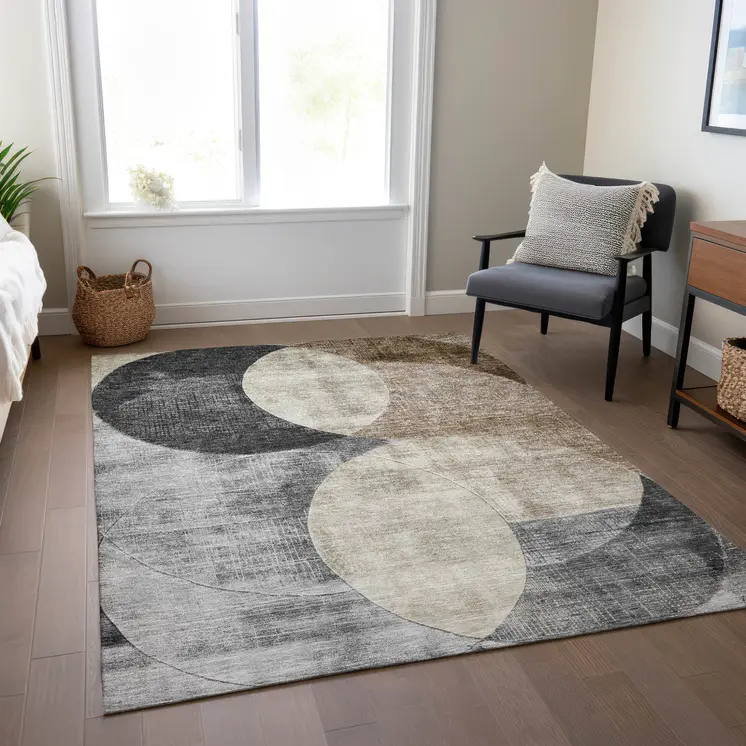 8' X 10' Pewter Brown And Charcoal Geometric Washable Indoor Outdoor Area Rug
