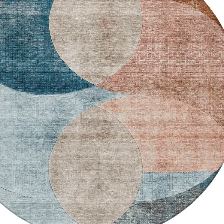 8' Rust Beige And Teal Blue Round Geometric Washable Indoor Outdoor Area Rug