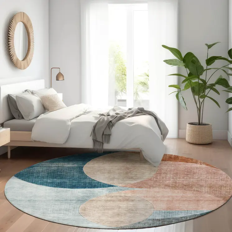 8' Rust Beige And Teal Blue Round Geometric Washable Indoor Outdoor Area Rug