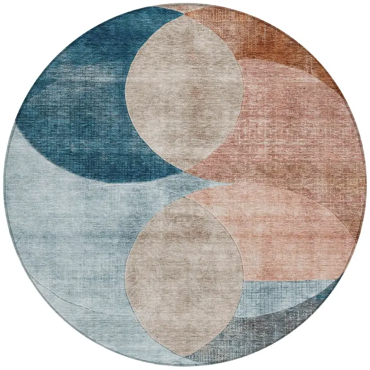 8' Rust Beige And Teal Blue Round Geometric Washable Indoor Outdoor Area Rug