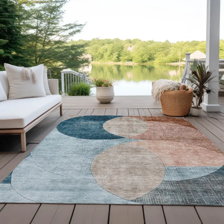 8' X 10' Rust Beige And Teal Blue Geometric Washable Indoor Outdoor Area Rug