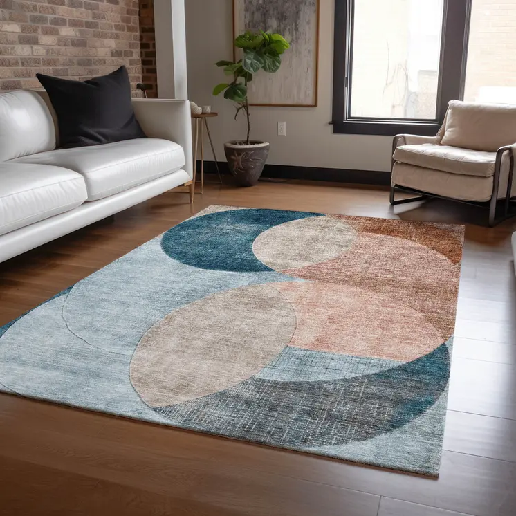 8' X 10' Rust Beige And Teal Blue Geometric Washable Indoor Outdoor Area Rug