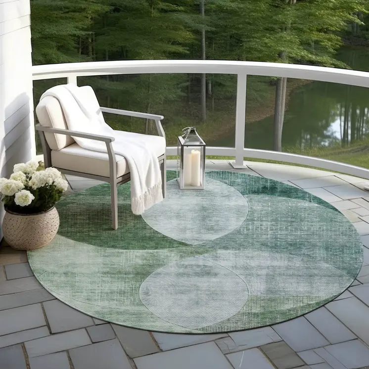 8' Mint Green And Fern Green Round Geometric Washable Indoor Outdoor Area Rug