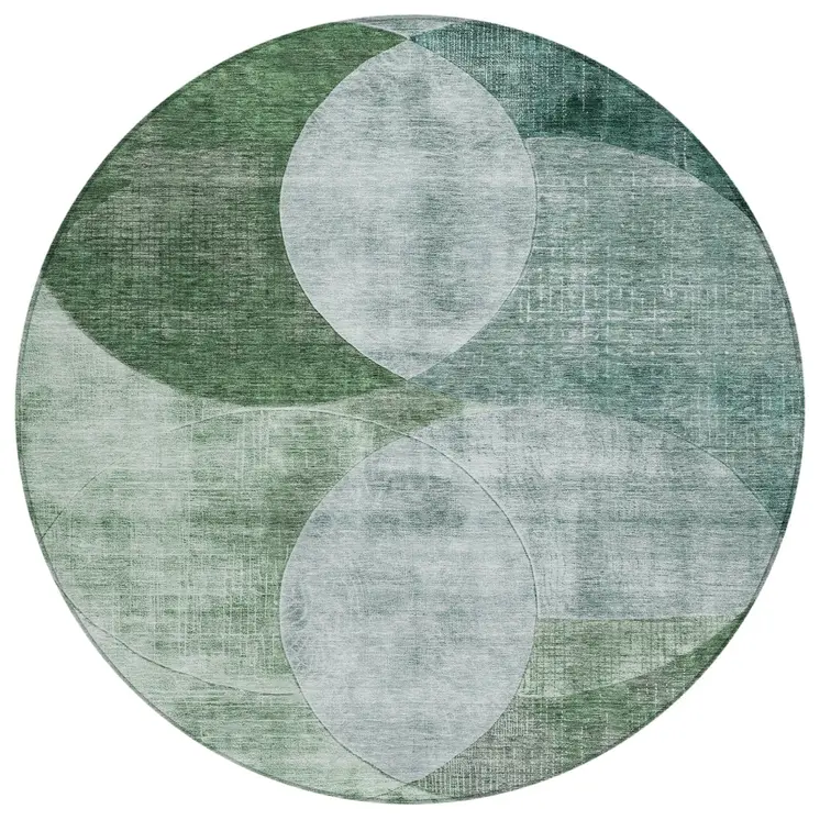 8' Mint Green And Fern Green Round Geometric Washable Indoor Outdoor Area Rug
