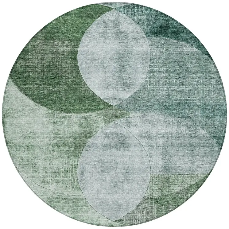 8' Mint Green And Fern Green Round Geometric Washable Indoor Outdoor Area Rug
