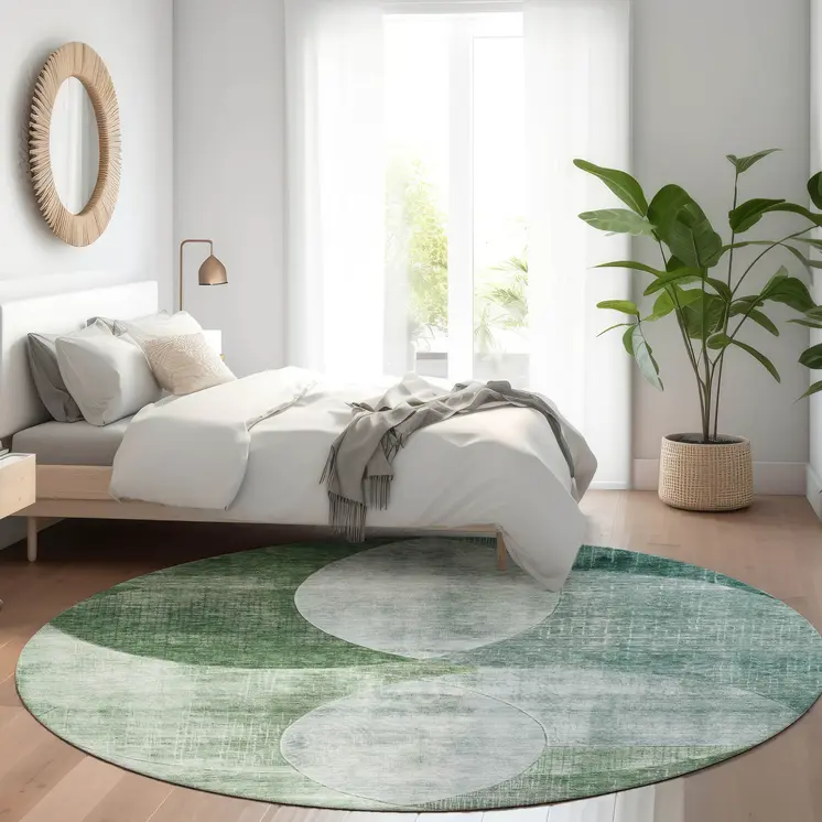 8' Mint Green And Fern Green Round Geometric Washable Indoor Outdoor Area Rug