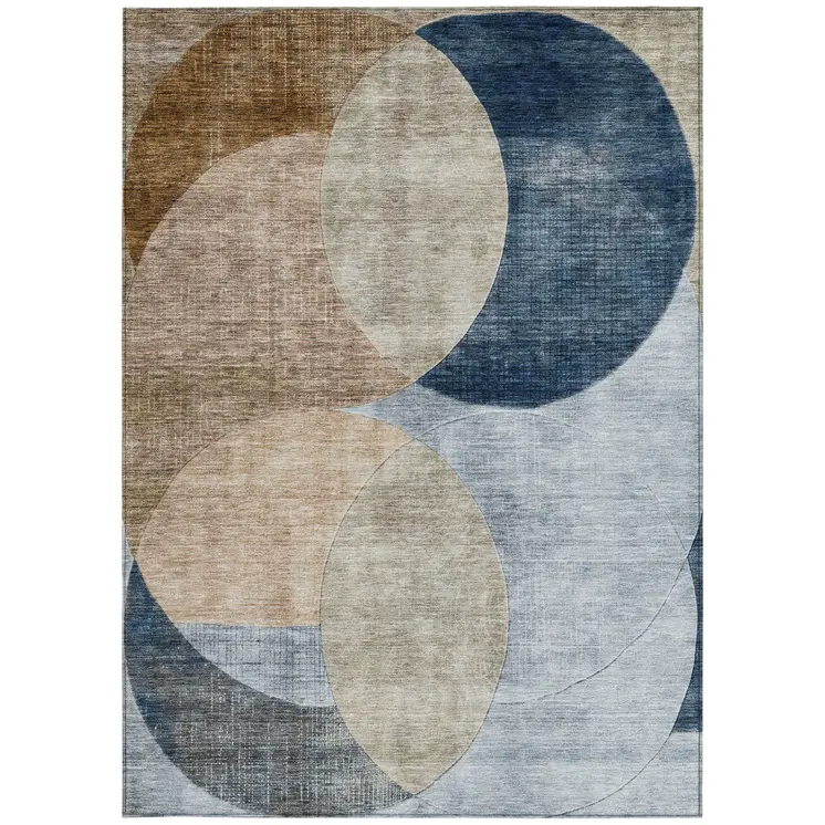 5' X 8' Sky Blue Brown And Beige Geometric Washable Indoor Outdoor Area Rug