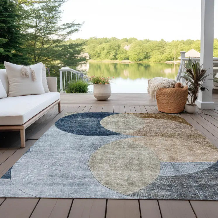 5' X 8' Sky Blue Brown And Beige Geometric Washable Indoor Outdoor Area Rug