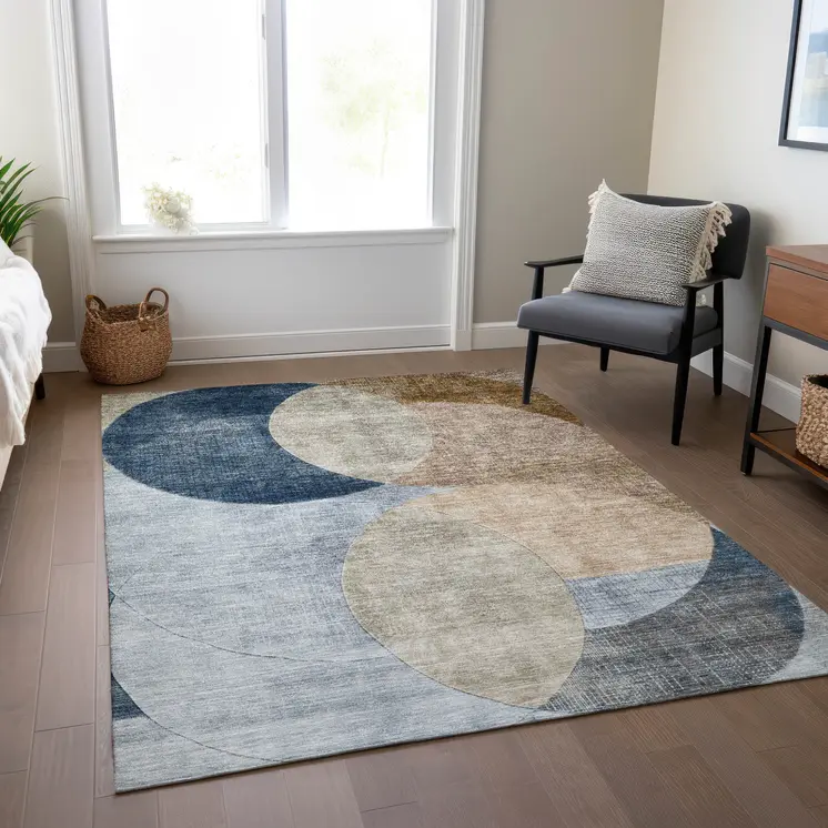 5' X 8' Sky Blue Brown And Beige Geometric Washable Indoor Outdoor Area Rug
