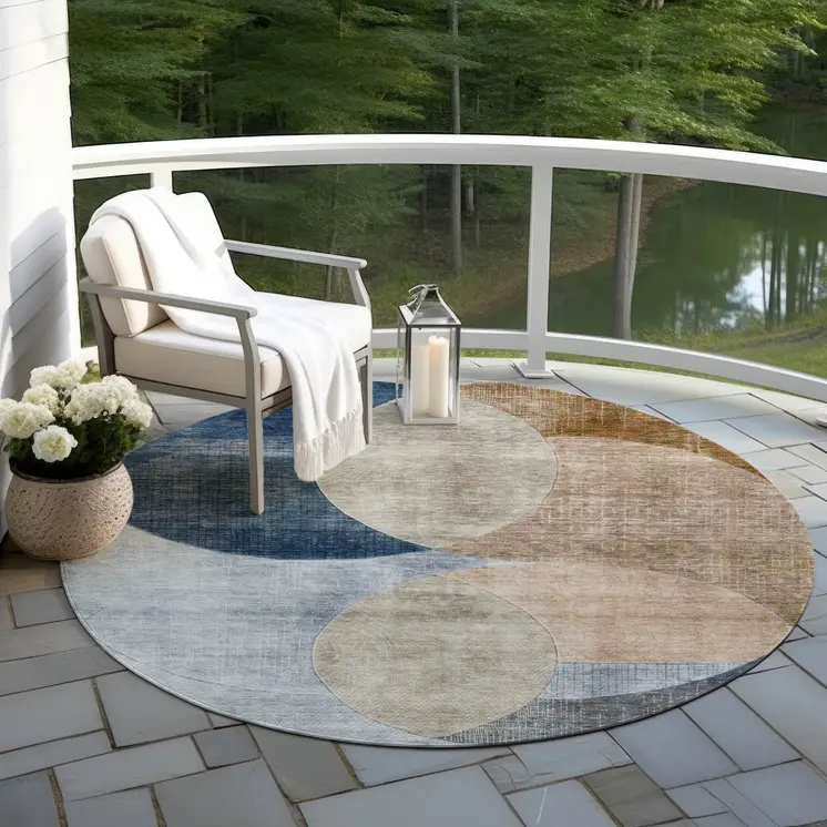 8' Sky Blue Brown And Beige Round Geometric Washable Indoor Outdoor Area Rug