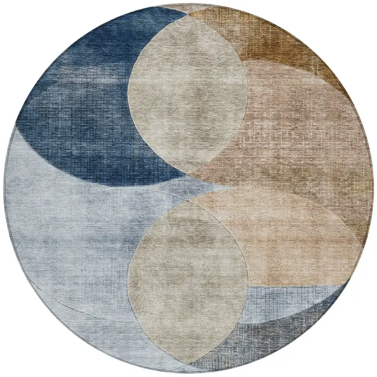 8' Sky Blue Brown And Beige Round Geometric Washable Indoor Outdoor Area Rug