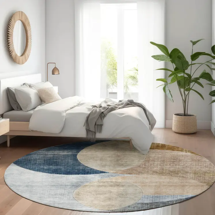 8' Sky Blue Brown And Beige Round Geometric Washable Indoor Outdoor Area Rug