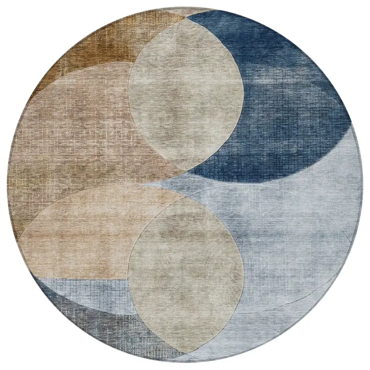8' Sky Blue Brown And Beige Round Geometric Washable Indoor Outdoor Area Rug