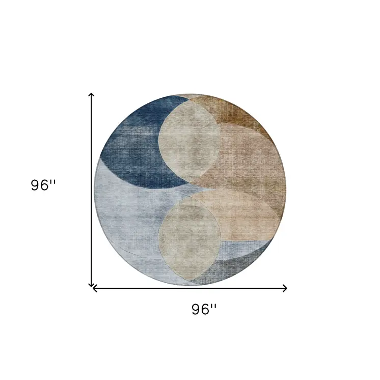 8' Sky Blue Brown And Beige Round Geometric Washable Indoor Outdoor Area Rug