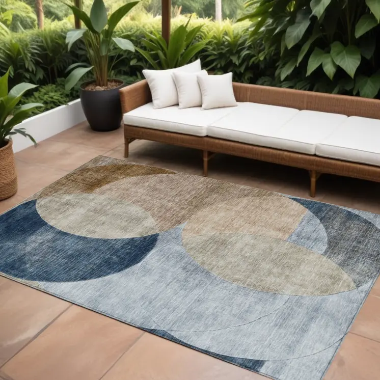 10' X 14' Sky Blue Brown And Beige Geometric Washable Indoor Outdoor Area Rug