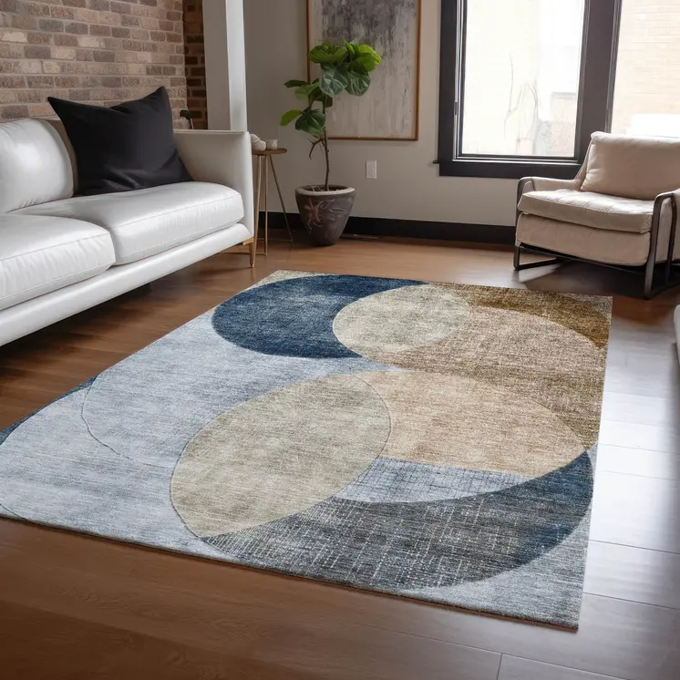 10' X 14' Sky Blue Brown And Beige Geometric Washable Indoor Outdoor Area Rug