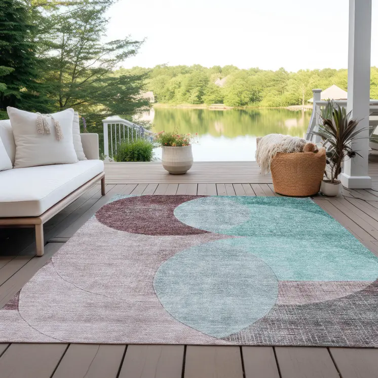 3' X 5' Teal Blue Brown And Beige Geometric Washable Indoor Outdoor Area Rug