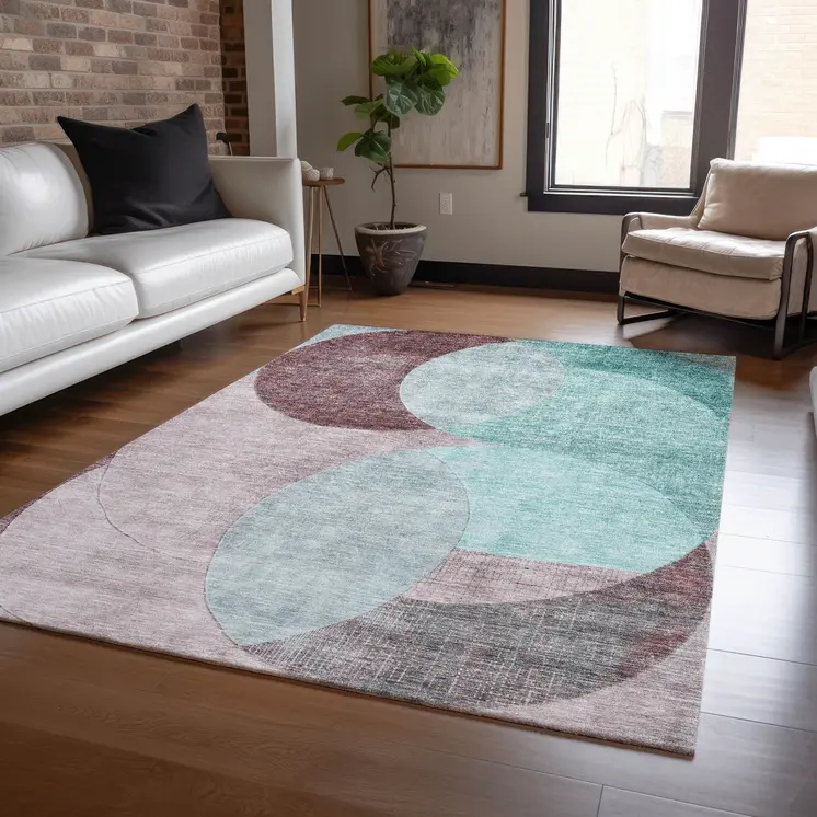3' X 5' Teal Blue Brown And Beige Geometric Washable Indoor Outdoor Area Rug